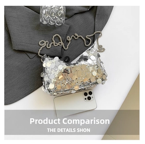 Silver sequin mini bag shown next to a smartphone for size comparison in a fashion layout