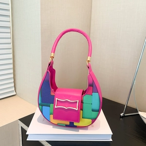 Chic multi-color patchwork crescent shoulder bag with golden buckle and round handle