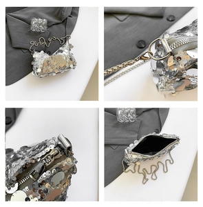 Detail shots of silver sequined bag featuring metal chain strap and smooth zipper hardware