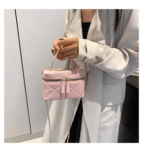 Detailed view of pink quilted vanity bag with gold chain strap and dual zipper finish
