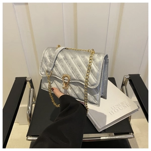Close-up of silver quilted crossbody bag with gold horseshoe clasp and chain strap
