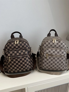 Women Fashion Backpack PU Leather Checkered Monogram Print Casual Travel Bag Multi Pockets Gold Zipper