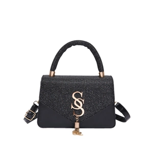 Black woven textured handbag with gold SS logo and metallic tassel detail for women