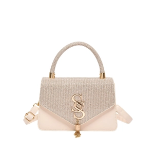 Chic beige square crossbody bag with sparkling rhinestone flap and golden SS logo detail