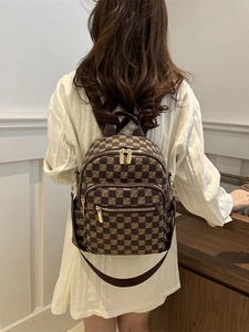 Chic brown checkered mini backpack for women with gold zippers and adjustable straps