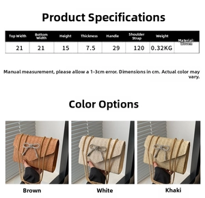 Guide des tailles du sac tissé avec dimensions, poids et options de couleurs disponibles