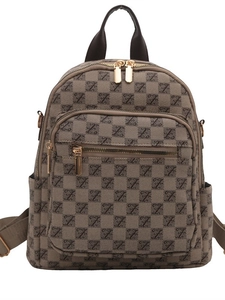Brown monogrammed women's backpack with Z pattern and gold hardware on white background