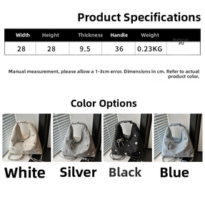 Detailed size specifications and four color options for the butterfly tote bag with pearls