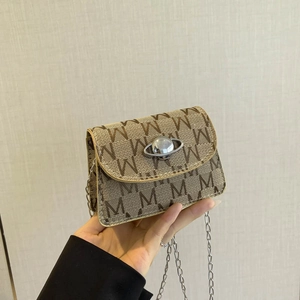 Mini brown crossbody bag with M letter pattern, silver chain, and Saturn metal buckle