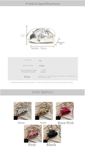 Detailed size chart and multi-color metallic pleated shell bags with shoulder straps