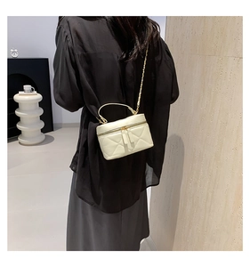Detail of cream quilted cylinder handbag with gold zipper and chain strap on model