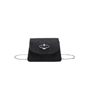 Mini black chain crossbody bag with M-letter jacquard and silver planet buckle