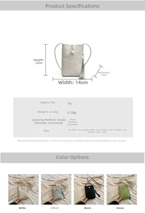 Size chart for the mini crossbody bag with dimensions and silver tassel detail