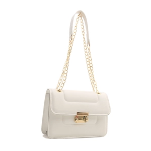 Minimalist off-white crossbody bag with golden chain strap and buckle from a 45-degree angle