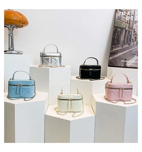 Detailed display of mini quilted vanity bags in multiple colors with chain straps