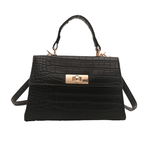 Classic black crocodile texture handbag with gold metal clasp and top handle for women