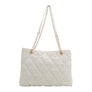 Chic white quilted tote bag with gold chain straps and classic lattice pattern for women