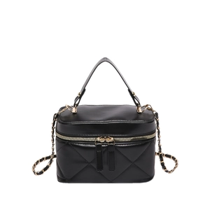 Elegant black quilted crossbody phone bag with gold chain strap and double zipper handles