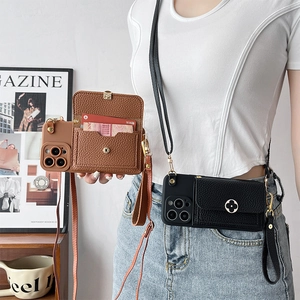 Litchi pattern leather wallet case for iPhone with crossbody strap and gold flower clasp
