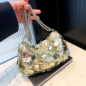Sparkly sequin cloud evening handbag with silver woven chain strap for women