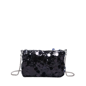 Elegant black sequin handbag with silver chain strap for formal party and evening wear