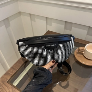 Fashionable black crossbody chest bag for women with silver rhinestones and adjustable strap