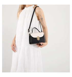 Detail of a minimalist color-block crossbody bag with golden twist lock and adjustable strap