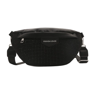 Sparkling black rhinestone fanny pack with adjustable strap and fashion badge