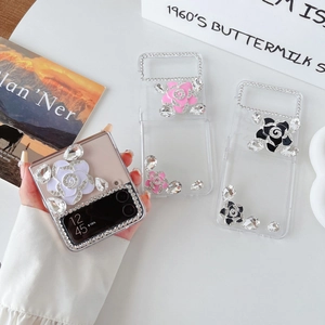 Luxury transparent Samsung Galaxy Z Flip 6 case with 3D camellia flowers and rhinestones