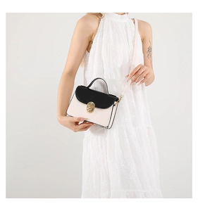 Detail of a retro black and white crossbody bag with a gold buckle and handle
