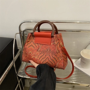 Vintage bucket bag with Chinese embroidery and wooden handle for crossbody and handbag use