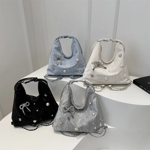 Women Ruched PU Leather Shoulder Bag Rhinestone Butterfly Bow Artificial Pearl Beaded Heart Pendant Chain Strap Fashion Underarm Bag