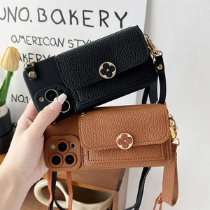 Detail of lychee pattern leather phone case with wallet card slot and clover metal buckle