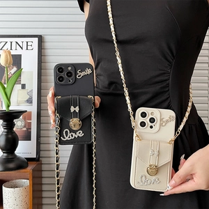 Crossbody Phone Case For iPhone With Wallet Card Holder Leather Chain Strap Rhinestone Bow Love Smile Luxury Decoration