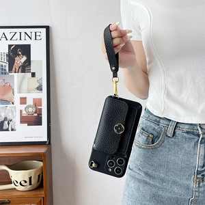 Black litchi grain leather phone case with card holder and hand strap for iPhone