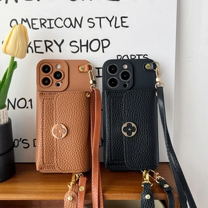 Litchi pattern leather wallet case for iPhone with clover emblem and long strap
