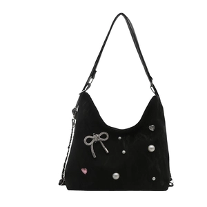 Black velvet butterfly tote bag with pearl and heart rhinestone decorations