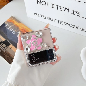 Detailed view of Samsung Z Flip 6 clear case with pink rose and sparkling rhinestones