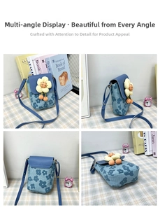 Vues détaillées montrant un petit sac à bandoulière à fleurs bleues sous quatre angles