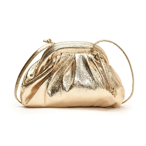 Champagne gold metallic pouch bag with pleated leather texture and slim shoulder strap