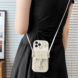 Vertical leather wallet phone case with rhinestone cat charm and crossbody strap