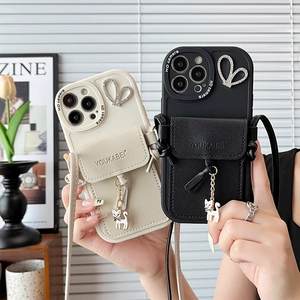 Vertical wallet case for iPhone 16 Pro Max with rhinestones, cat charm and crossbody strap