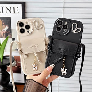 Vertical leather wallet case for iPhone 16 Pro Max with rhinestone heart and cat charm
