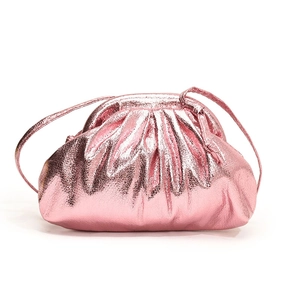 Metallic pink pleated cloud bag with stylish gathered texture and slim shoulder strap