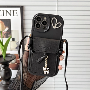 Black leather wallet case for iPhone with rhinestone heart, cat pendant and crossbody strap