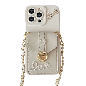 Crossbody wallet case for iPhone 16 Pro Max with bow, rhinestone decor and chain strap