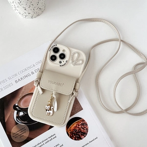 Vertical wallet phone case for iPhone with kitten charm, card slot and crossbody strap