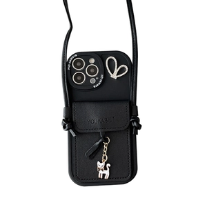 Black leather iPhone 16 Pro Max wallet case with rhinestone heart and cat pendant