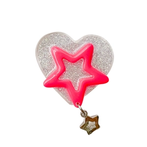 Transparent heart glitter phone grip with pink star and hanging star charm for girls