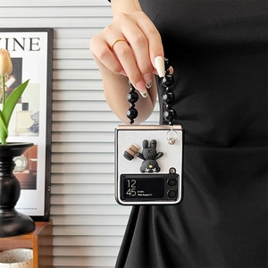 Foldable Phone Case For Samsung Galaxy Z Flip With 3D Bear Coffee Charm Large Bead Hand Chain Strap Textured PC Shell